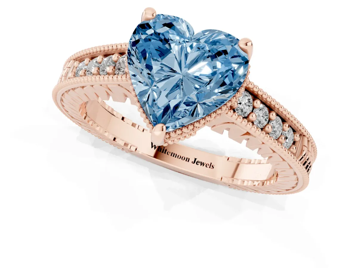 Fancy Blue Heart Cut Solitaire Pavé Diamond Milgrain Engagement Ring with Four-Prong Setting Rose gold