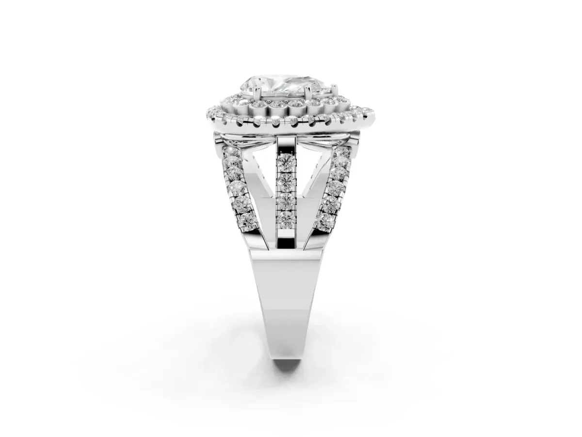Pear Cut Diamond Double Halo Ring with Round Pavé Split Shank and Prong Setting Silver