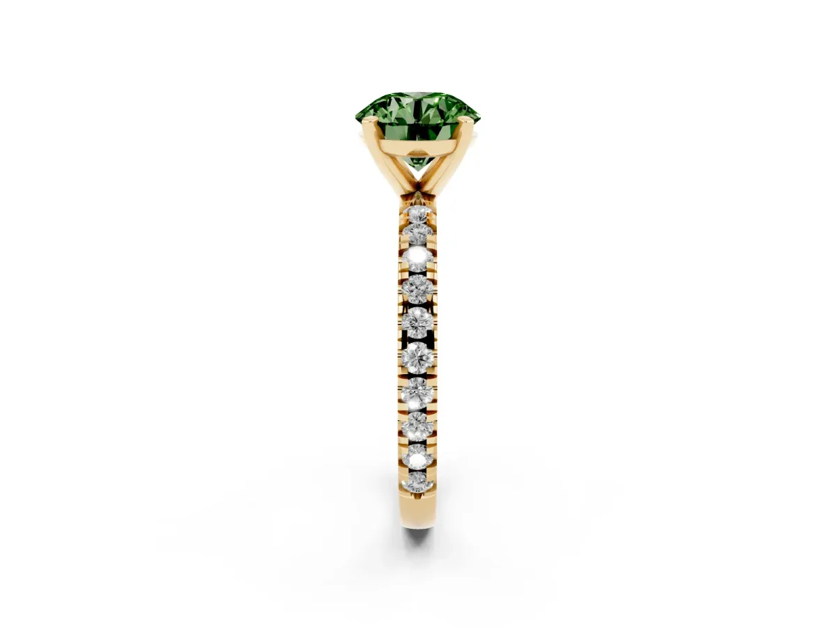 Fancy Green Round Cut Diamond Pavé Band Solitaire with Four-Prong Setting Yellow gold