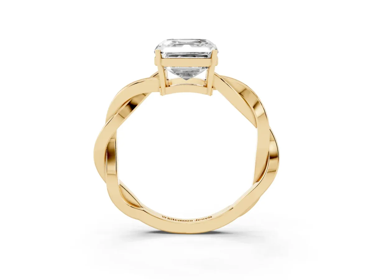 Asscher Cut Solitaire Twisted Pave Diamond Ring with Four-Prong Setting Yellow gold