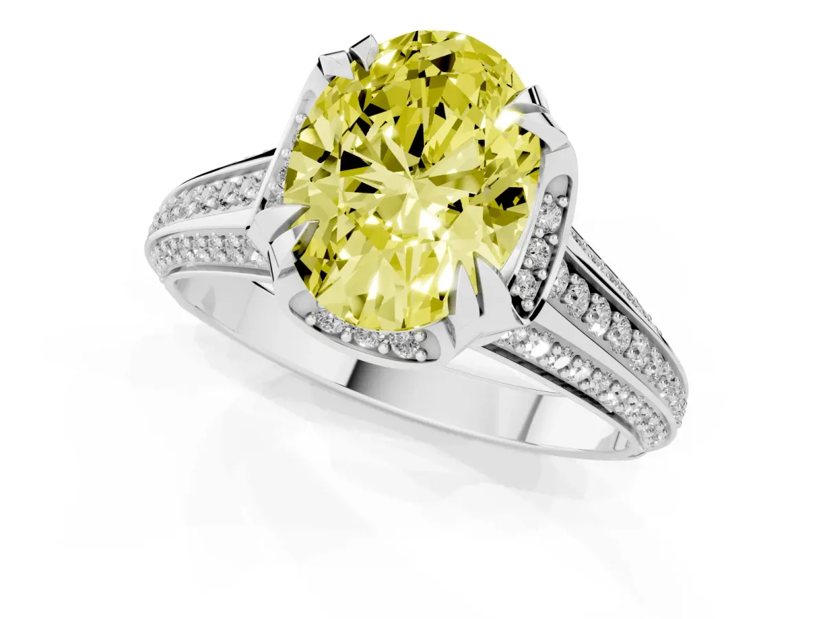 Fancy Yellow Oval Cut Solitaire Pave Split Shank Ring with Four-Prong Setting Platinum
