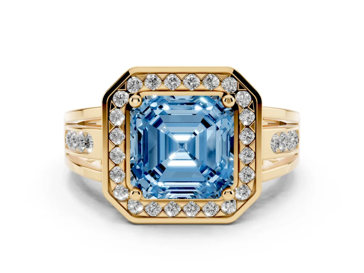 Fancy Blue Asscher Cut Diamond Halo Ring with Split Shank and Bezel Accents and Prong Setting Yellow gold