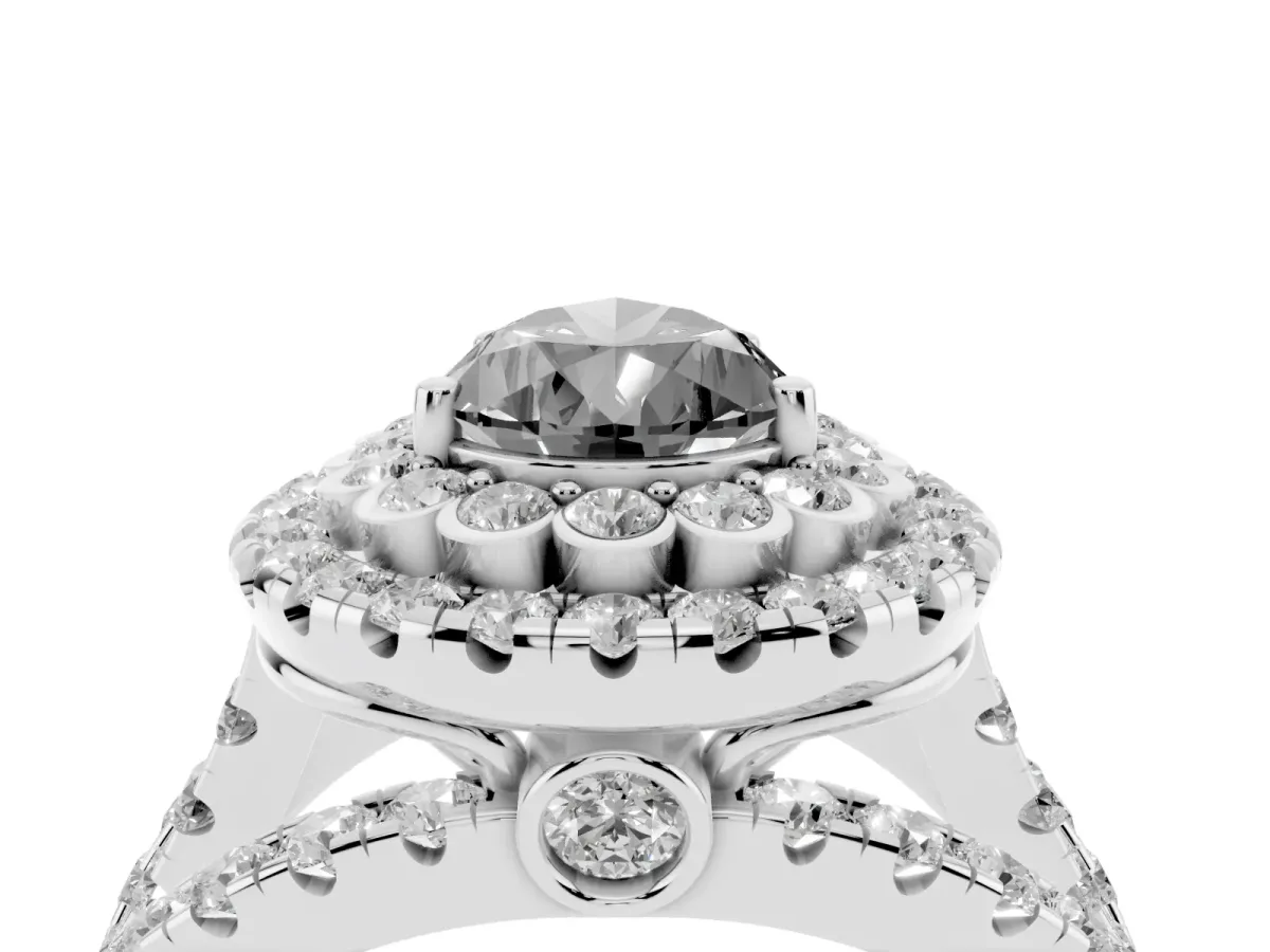 Fancy Black Pear Cut Diamond Double Halo Ring with Round Pavé Split Shank and Prong Setting Silver