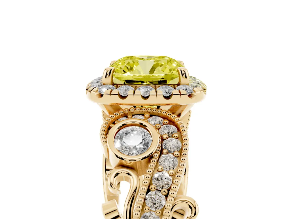 Fancy Yellow Cushion Cut Diamond Halo Ring with Milgrain Pavé Band and Four-Prong Setting Yellow gold