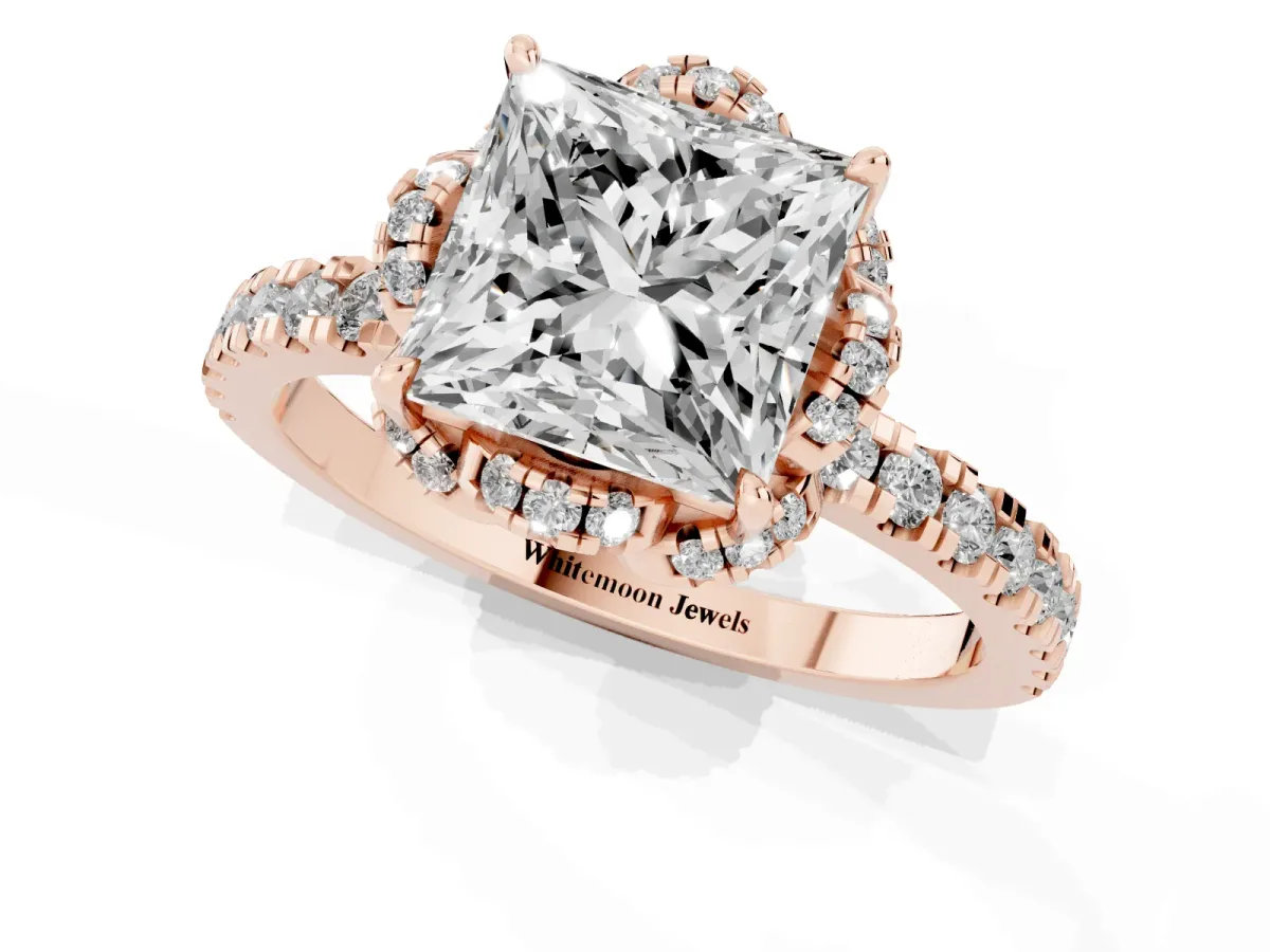 Princess Cut Halo Diamond Pave Band Ring with Four-Prong Setting Rose gold