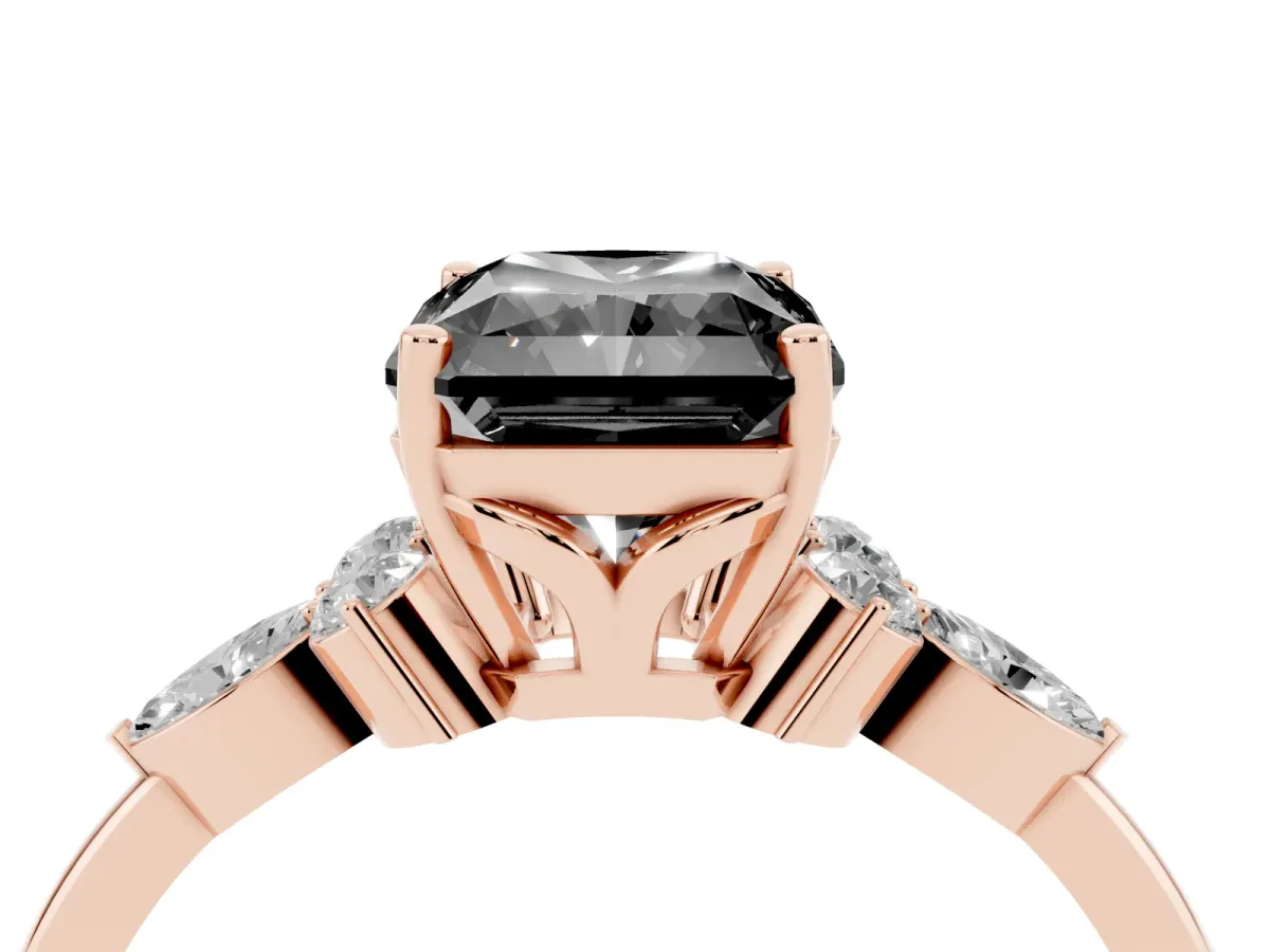 Fancy Black Radiant Cut Brilliant Diamond Solitaire Ring with Pear Side Stones and Four-Prong Setting Rose gold