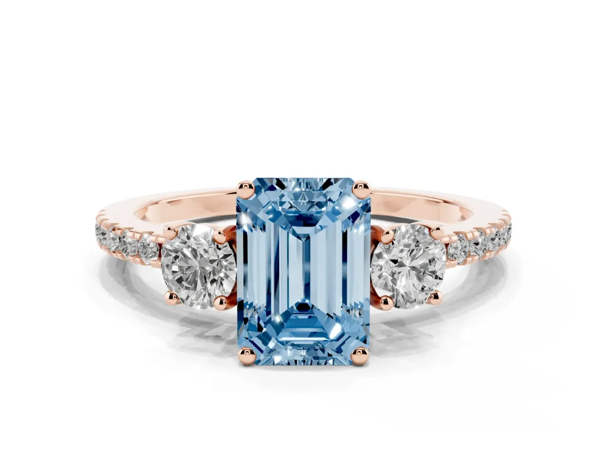 Fancy Blue Three-Stone Emerald Cut Cut Diamond Pavé Band with Prong Setting Rose gold