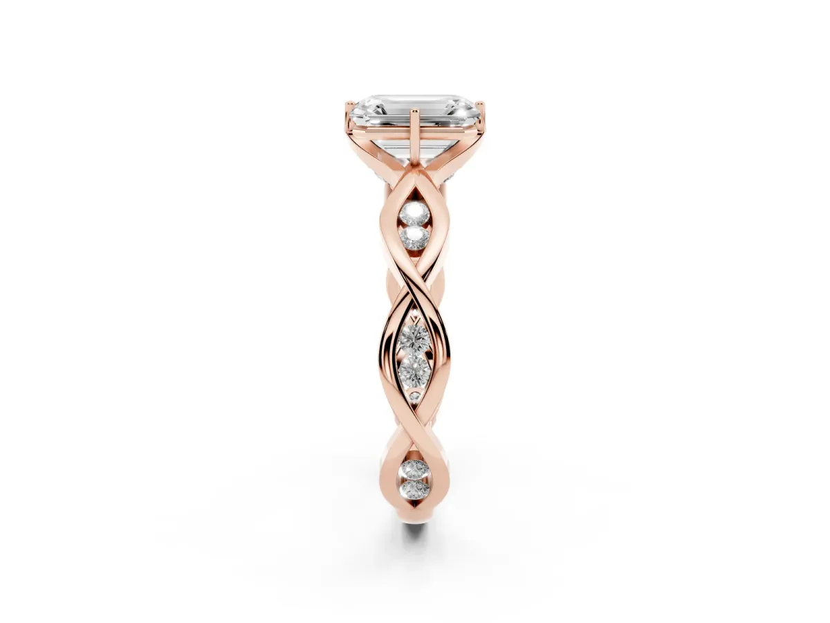 Emerald Cut Solitaire Twist Band with Leaf Prong Setting Rose gold