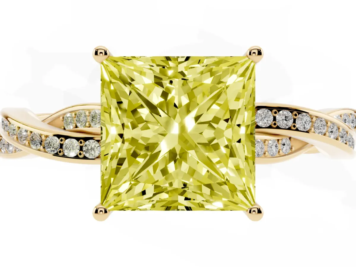 Fancy Yellow Princess Cut Solitaire Twisted Pave Diamond Ring with Four-Prong Setting Yellow gold