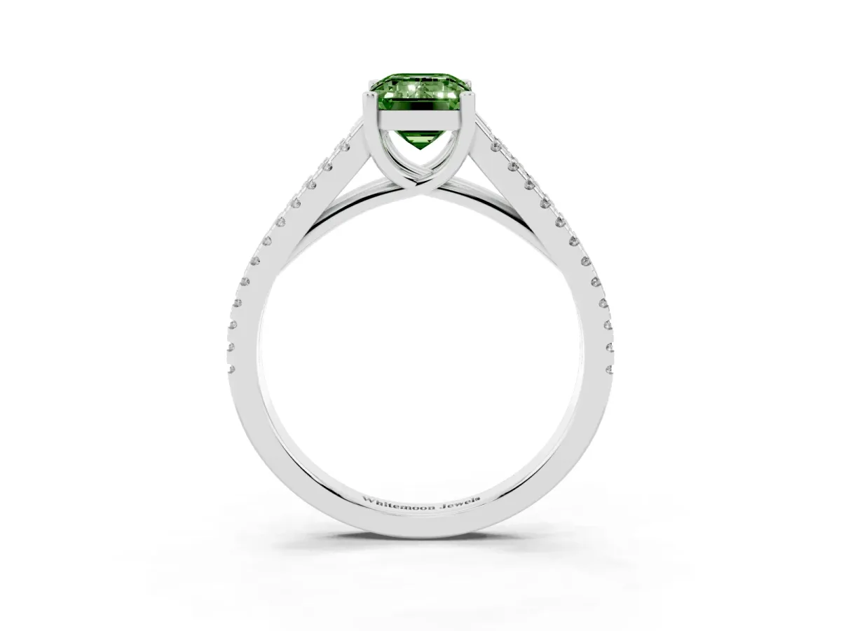 Fancy Green Emerald Cut Diamond Solitaire Engagement Ring with Split Shank Pavé Band Platinum