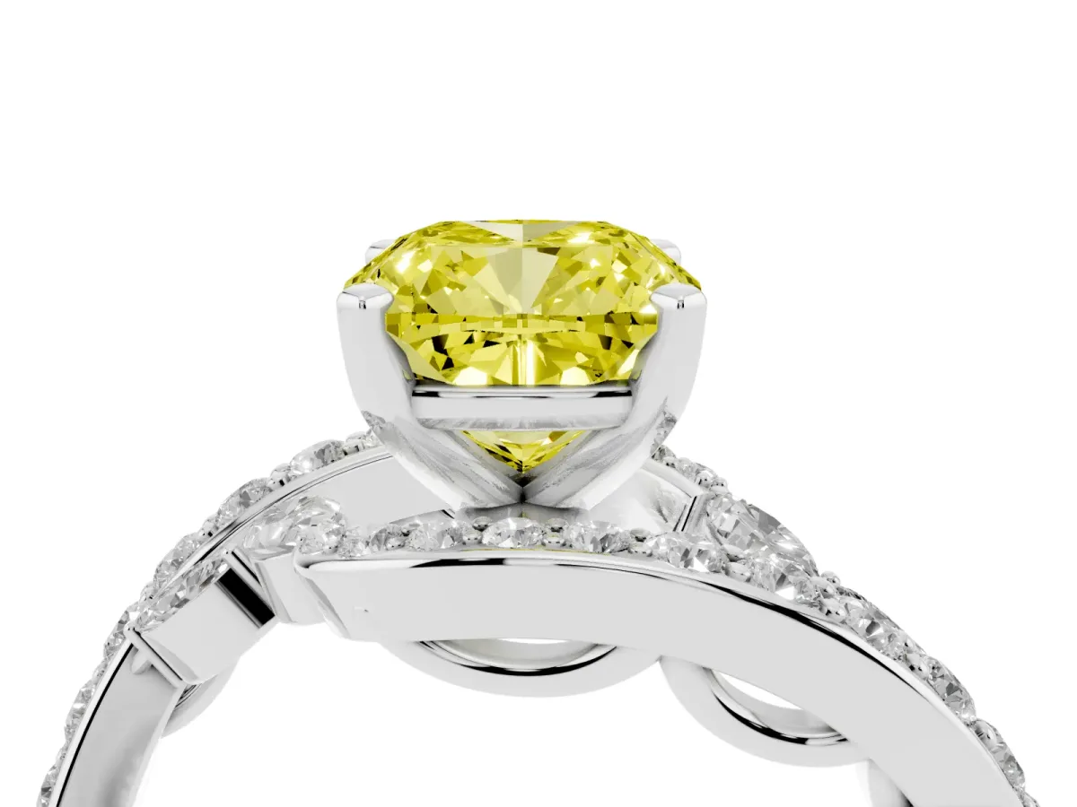Fancy Yellow Cushion Cut Diamond Solitaire Ring with Filigree Band and Four-Prong Setting Silver