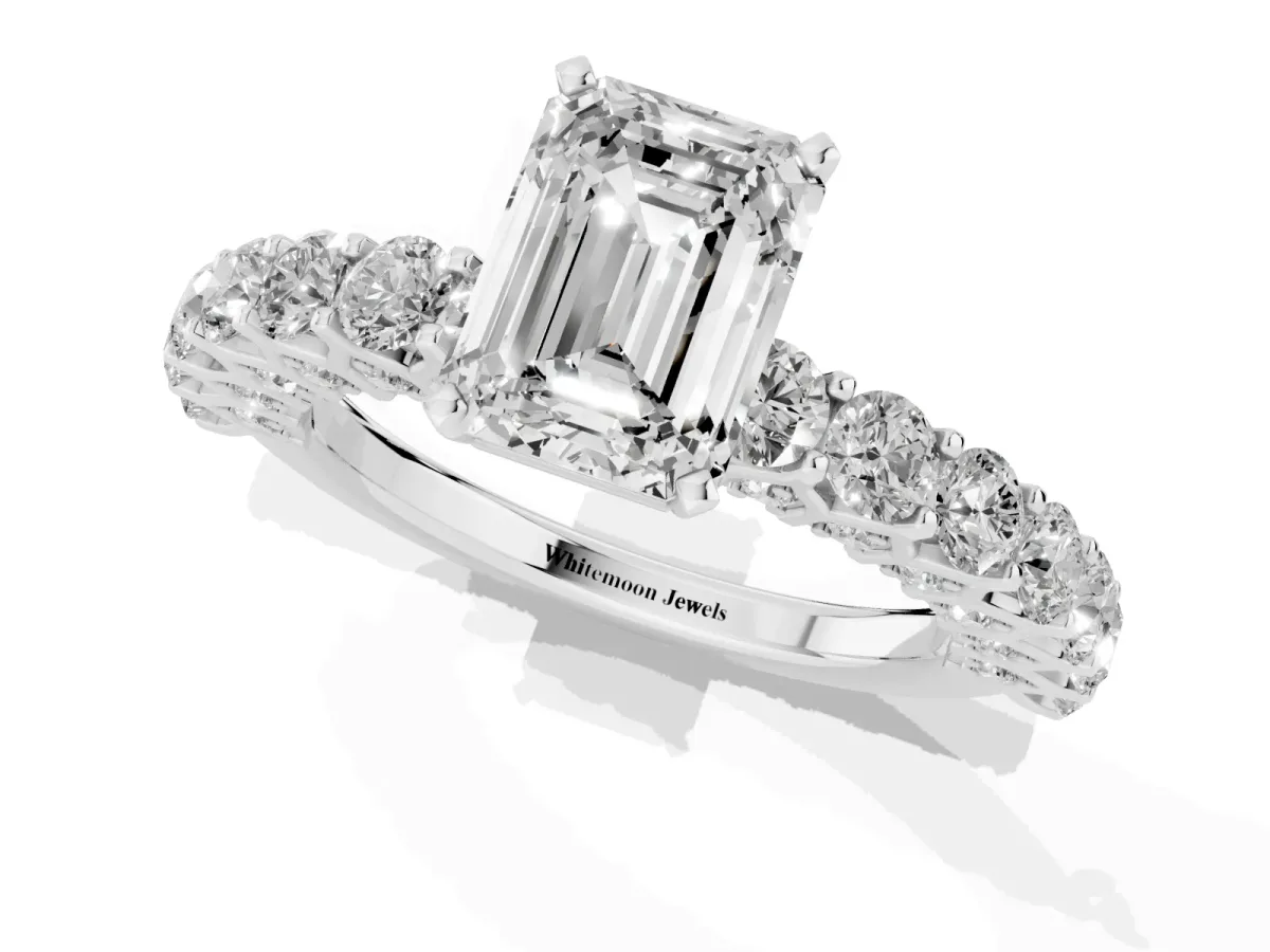 Emerald Cut Diamond Solitaire Ring with Shared Prong Pavé Band and Four-Prong Setting Silver
