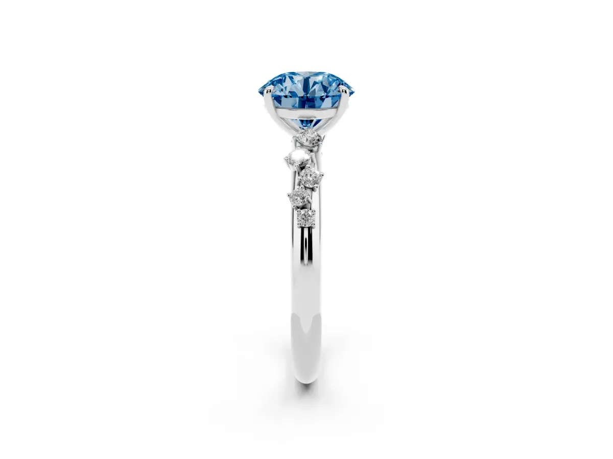 Fancy Blue Round Cut Diamond Cluster Prong-Set Solitaire Ring White gold