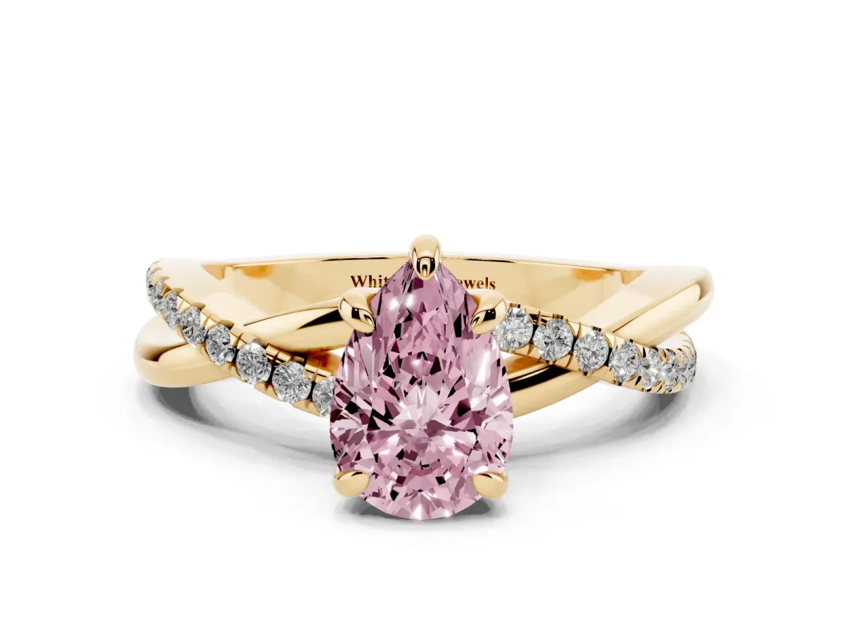 Fancy Pink Pear Cut Cut Diamond Twist Band Solitaire with Prong Setting Yellow gold