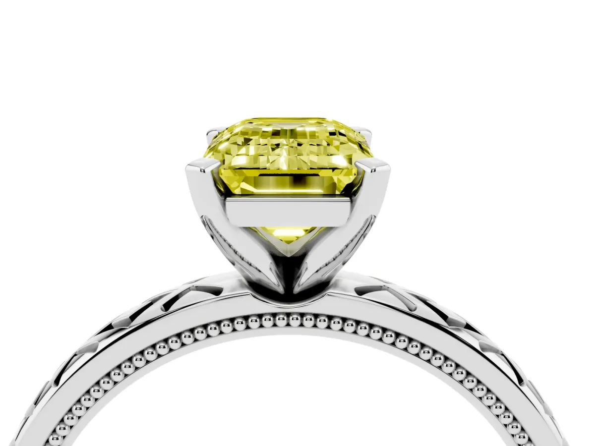 Fancy Yellow Emerald Cut Solitaire Diamond Ring with Milgrain and Black Enamel X Pattern Band Silver
