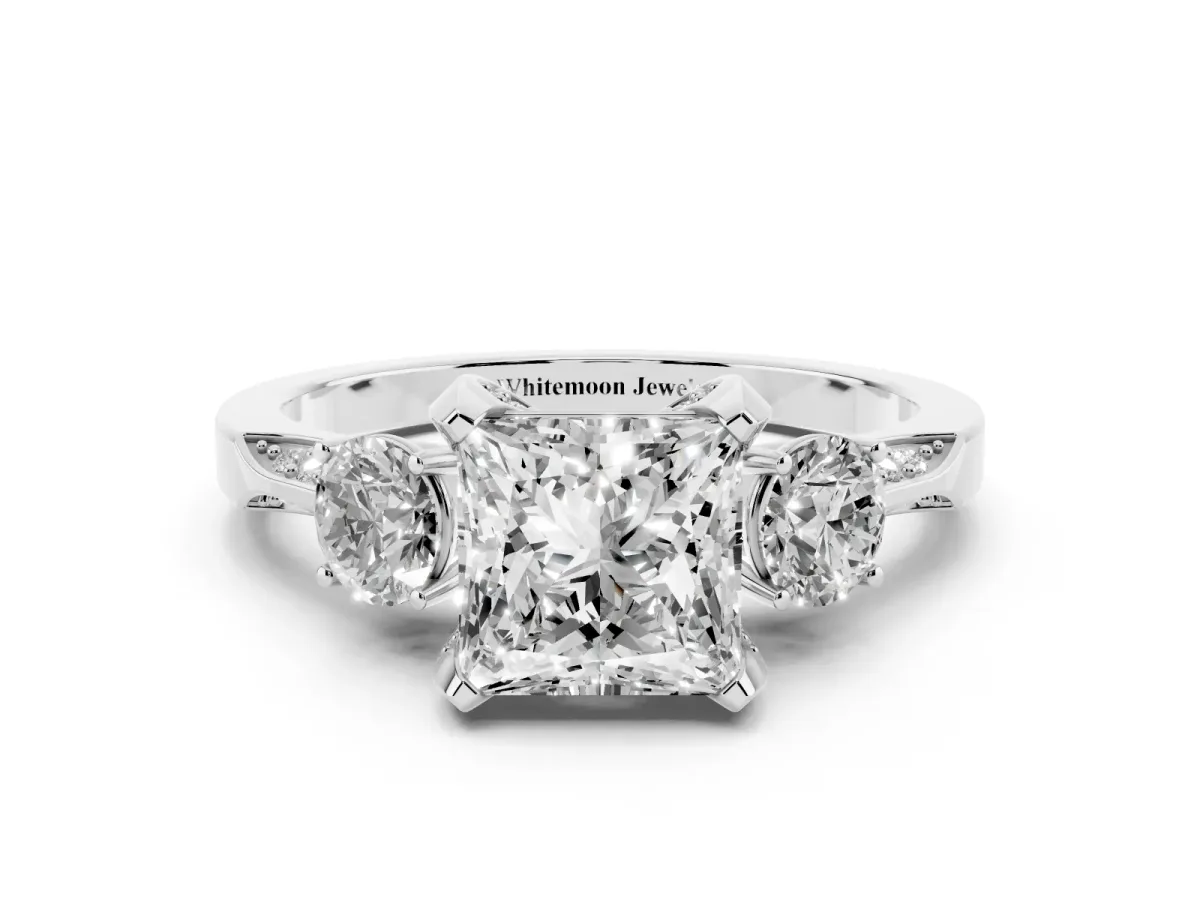 Princess Cut Brilliant Three-Stone Diamond Ring with Pavé Band and Four-Prong Setting White gold