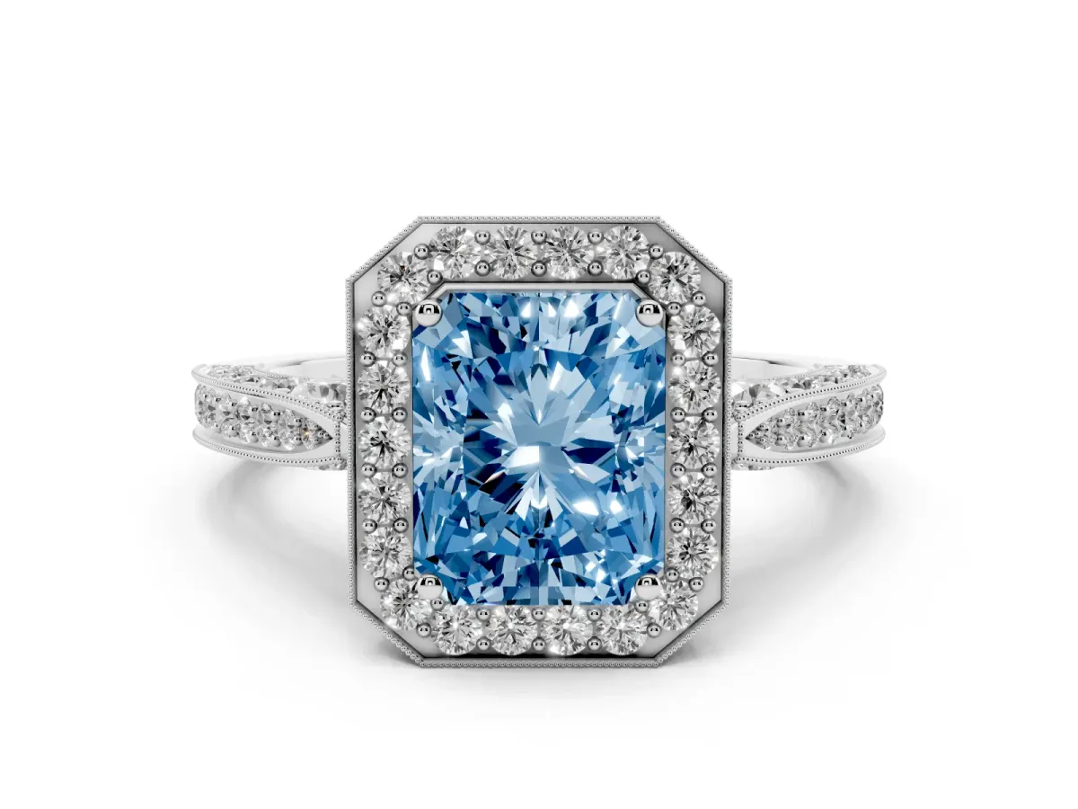Fancy Blue Radiant Cut Halo Diamond Engagement Ring with Split Shank Band and Four-Prong Setting Silver