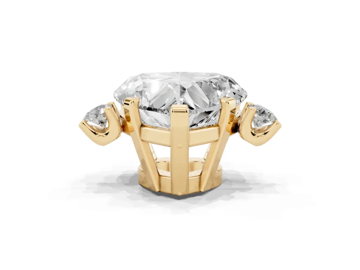 Heart Cut Cut Three-Stone Solitaire Ring with Round Accent Diamonds and Four-Prong Setting Yellow gold