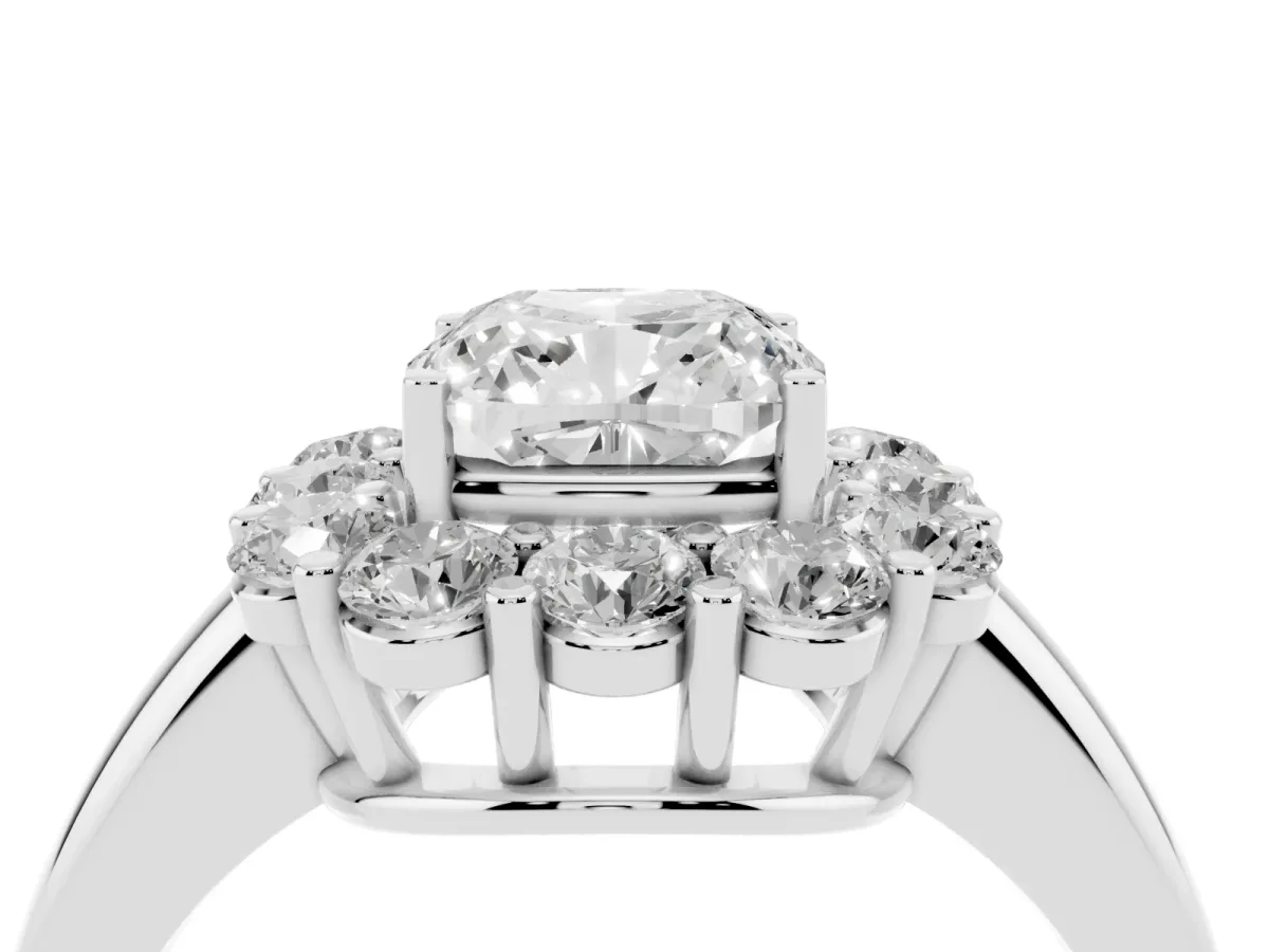 Cushion Cut Halo Cluster Diamond Engagement Ring with Prong Setting and Polished Band Platinum