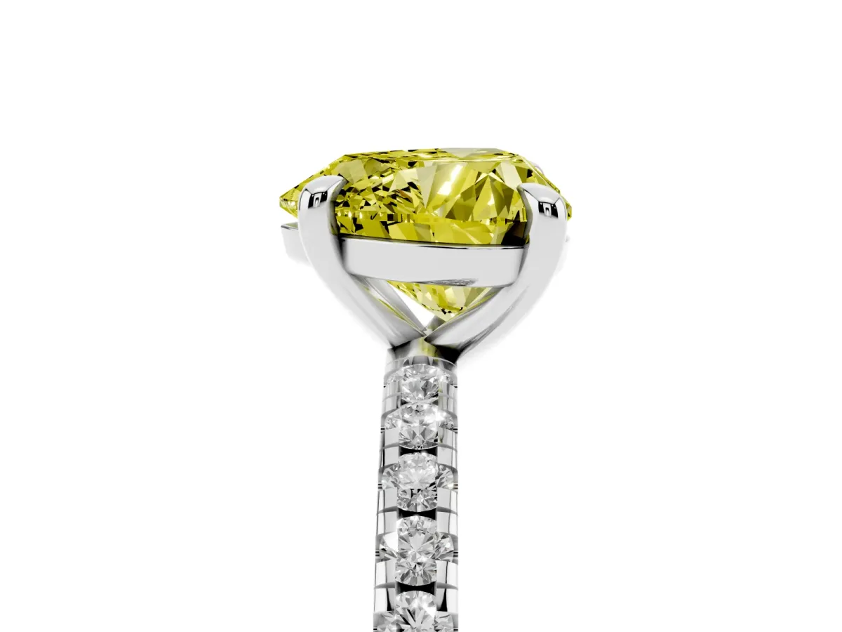 Fancy Yellow Heart Cut Diamond Brilliant Solitaire Ring with Pavé Band and Four-Prong Setting Platinum