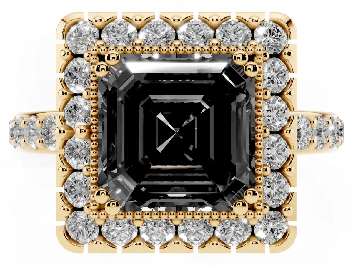 Fancy Black Asscher Cut Diamond Halo Ring with Pavé Band and Prong Setting Yellow gold