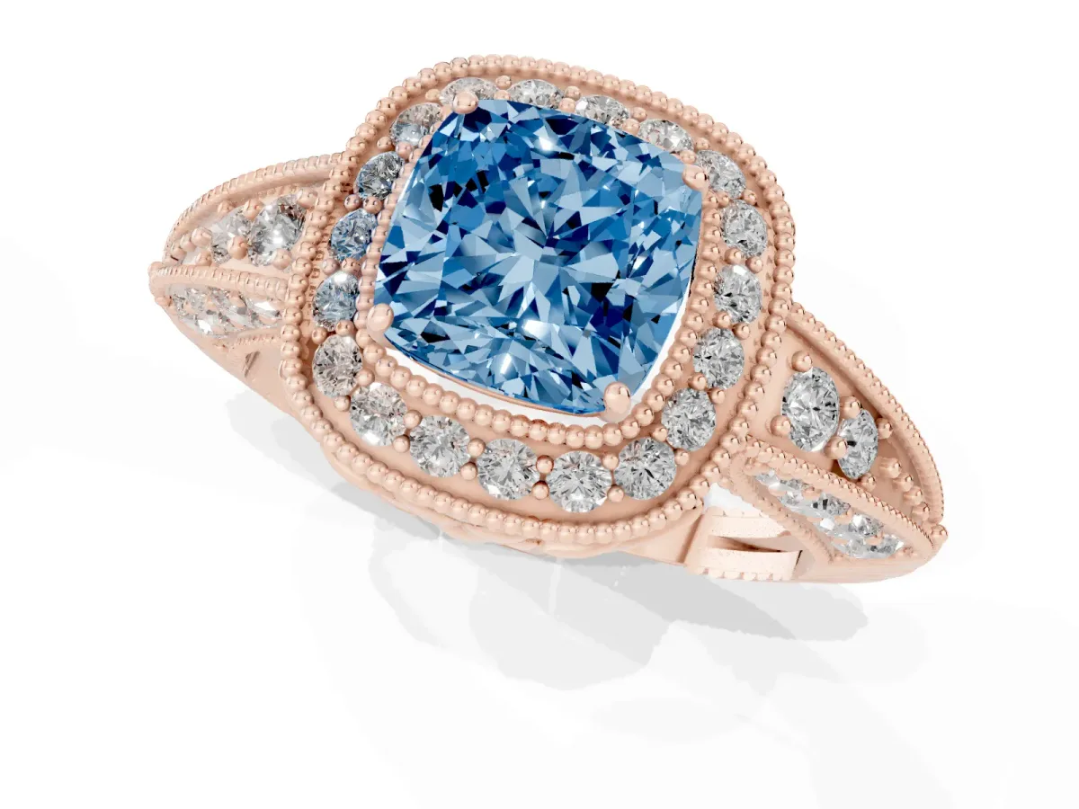 Fancy Blue Cushion Cut Halo Diamond Split Shank Ring with Milgrain Detail Rose gold