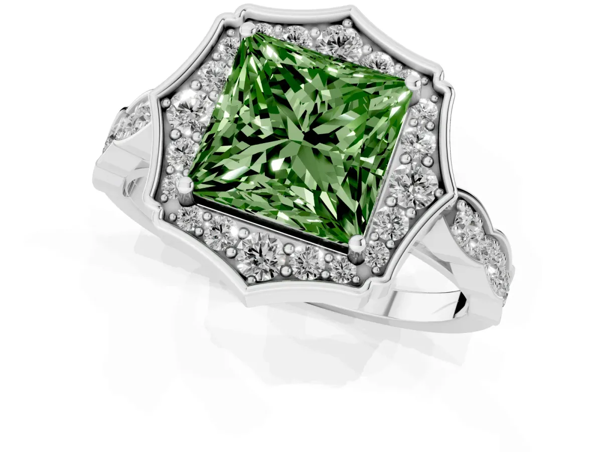 Fancy Green Princess Cut Halo Diamond Engagement Ring with Milgrain Band and Four-Prong Setting Silver