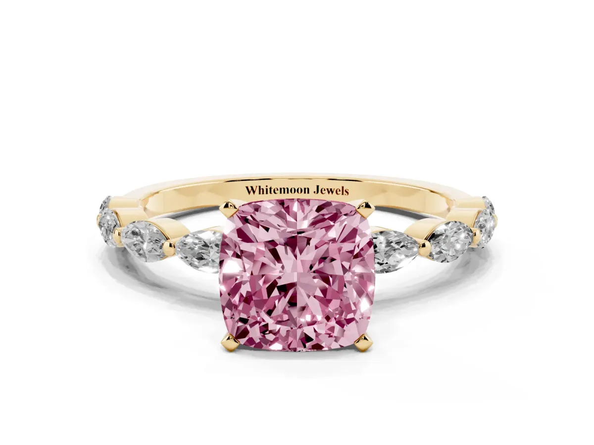 Fancy Pink Cushion Cut Diamond Ring with Marquise Side Stones and Prong Setting Yellow gold