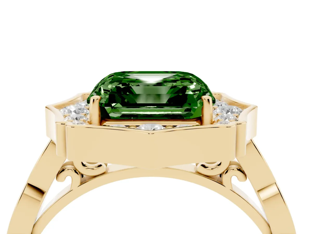 Fancy Green Asscher Cut Halo Diamond Engagement Ring with Milgrain Band and Four-Prong Setting Yellow gold