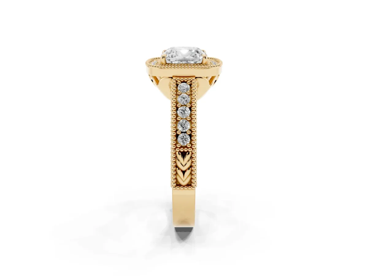 Cushion Cut Cut Halo Diamond Ring with Pavé Band and Four-Prong Setting Yellow gold