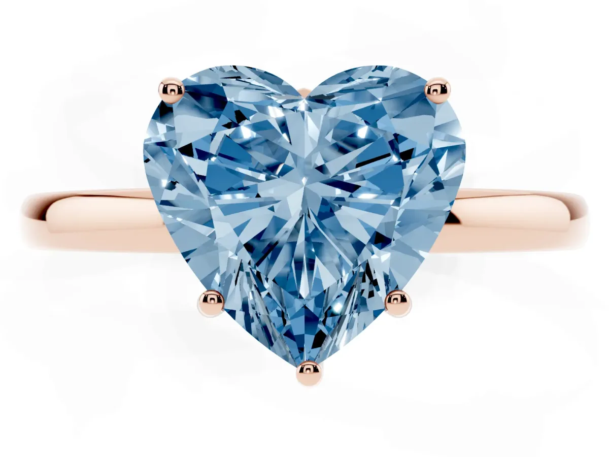 Fancy Blue Heart Cut Solitaire Diamond Ring with Prong Setting and Plain Band Rose gold