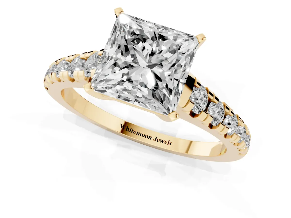 Princess Cut Diamond Cathedral Solitaire Ring with Round Pavé Band Yellow gold