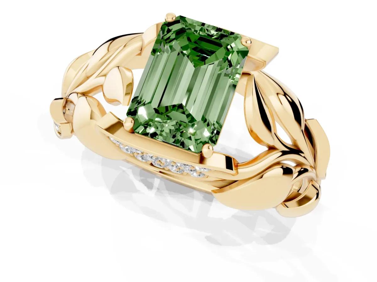Fancy Green Emerald Cut Diamond Leaf-Inspired Engagement Ring with Round Accents and Prong Setting Yellow gold