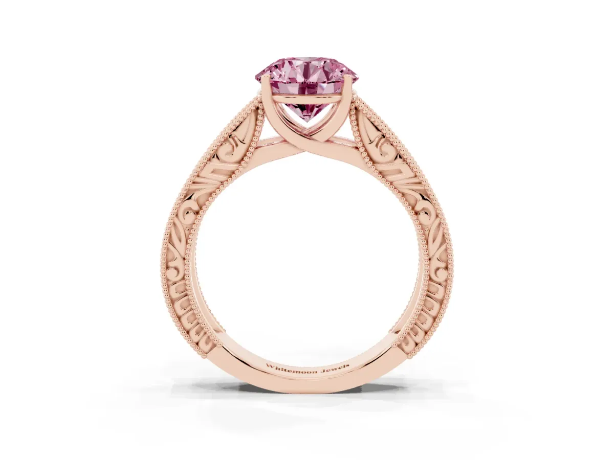 Fancy Pink Round Cut Diamond Solitaire Ring with Engraved Band and Four-Prong Setting Rose gold