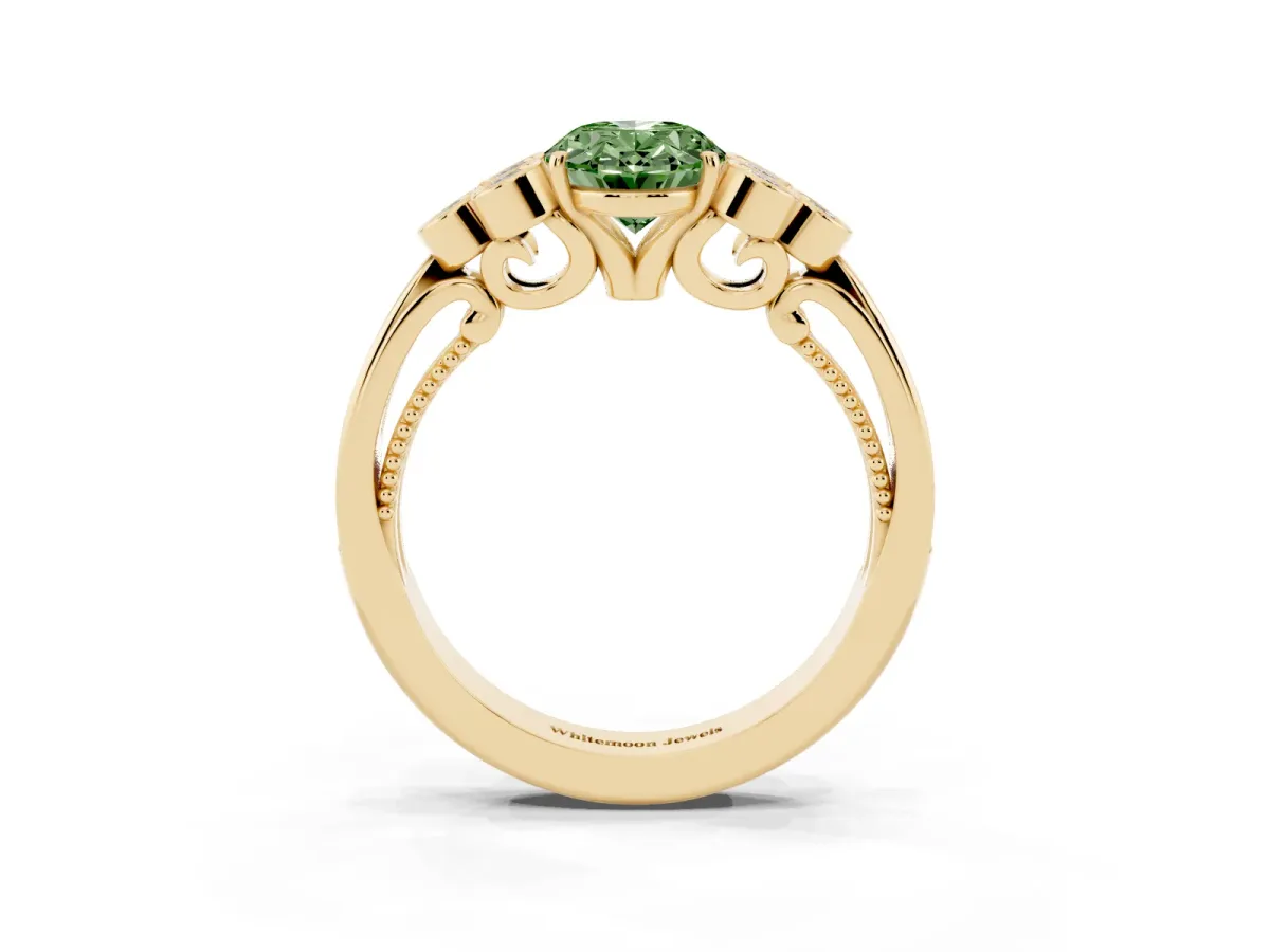 Fancy Green Oval Cut Cut Diamond Engagement Ring with Bezel Set Round Side Stones and Prong Setting Yellow gold