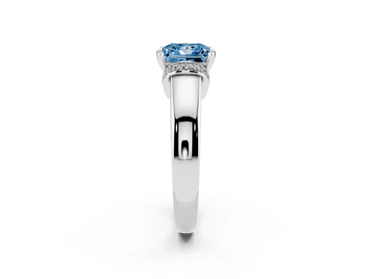 Fancy Blue Princess Cut Solitaire Diamond Ring with Pave Band and Six-Prong Setting Silver