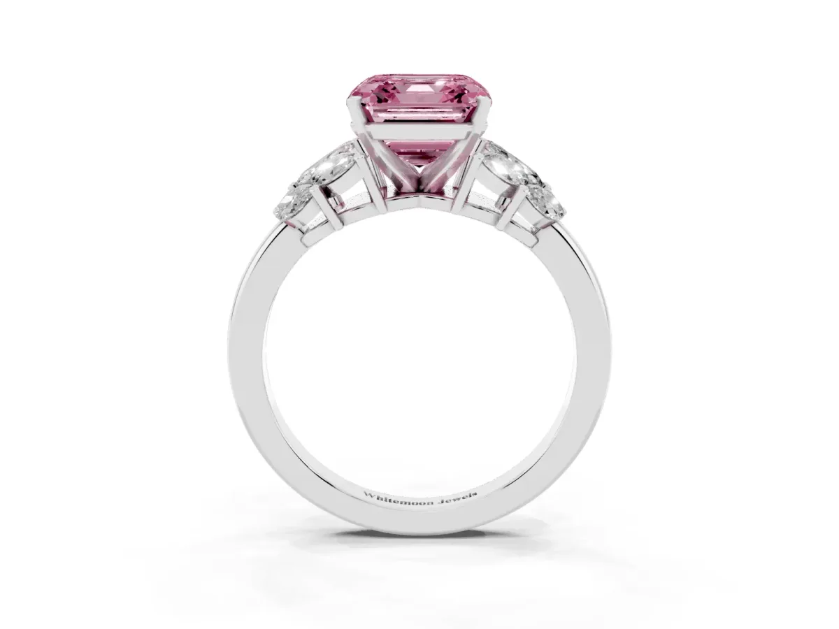 Fancy Pink Asscher Cut Diamond Cluster Leaf Design Ring with Prong Setting Silver