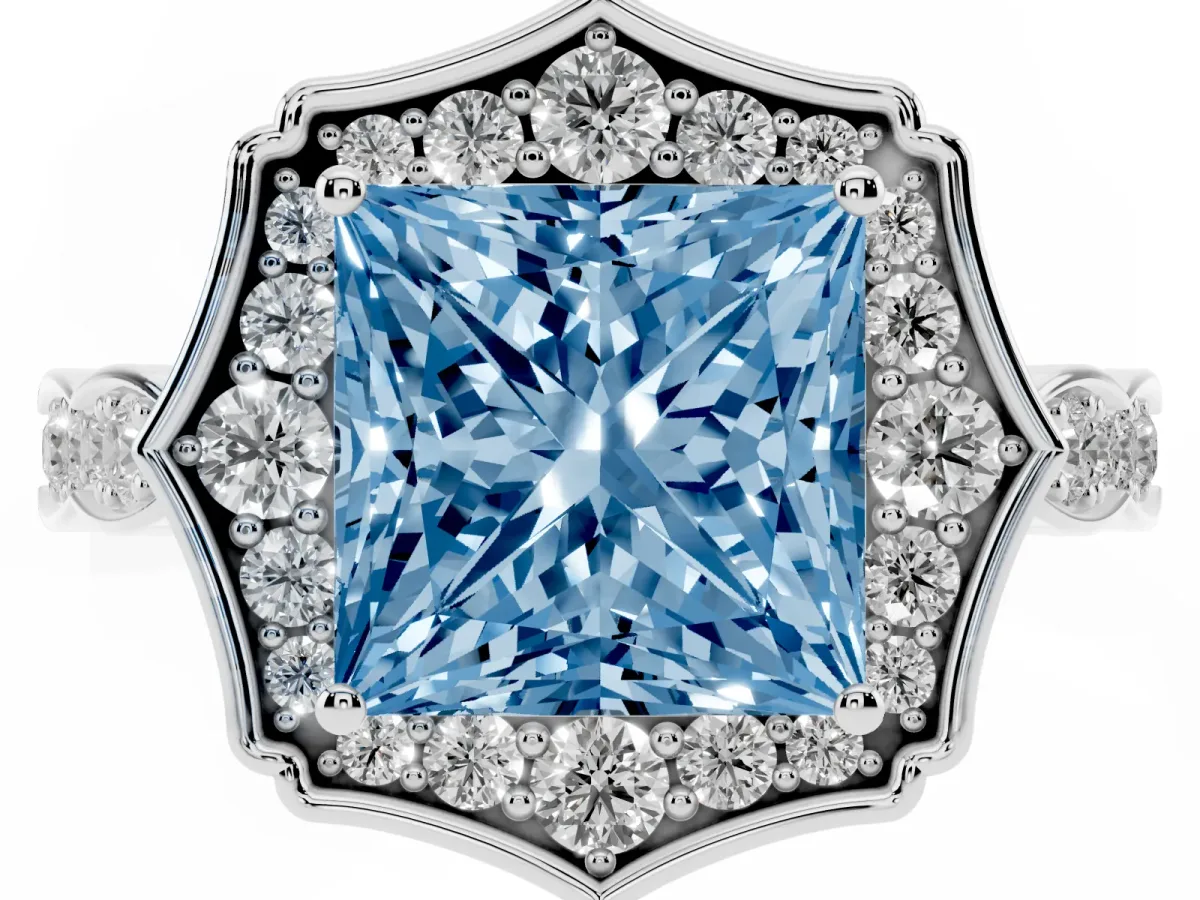Fancy Blue Princess Cut Halo Diamond Engagement Ring with Milgrain Band and Four-Prong Setting Silver