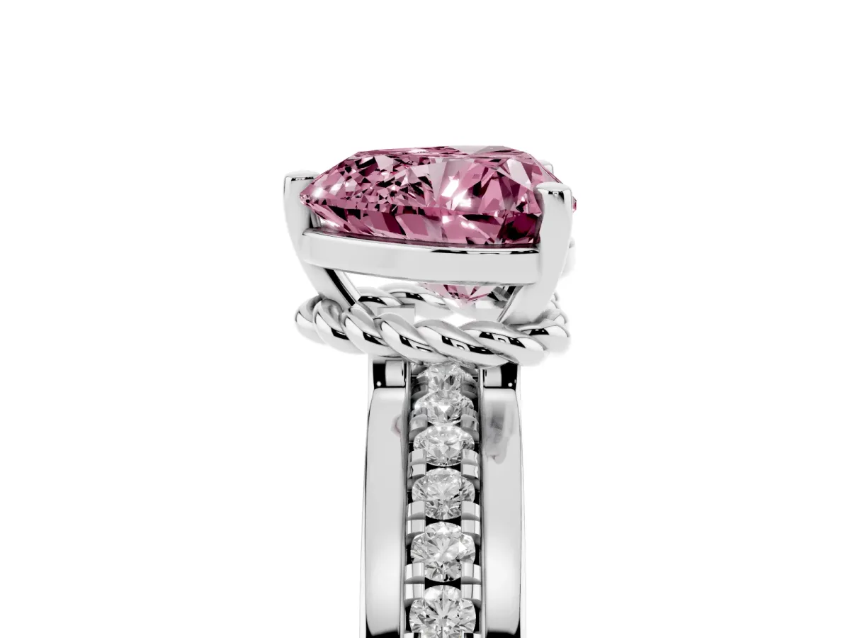 Fancy Pink Heart Cut Solitaire Diamond Ring with Channel Set Band and Six-Prong Setting Silver