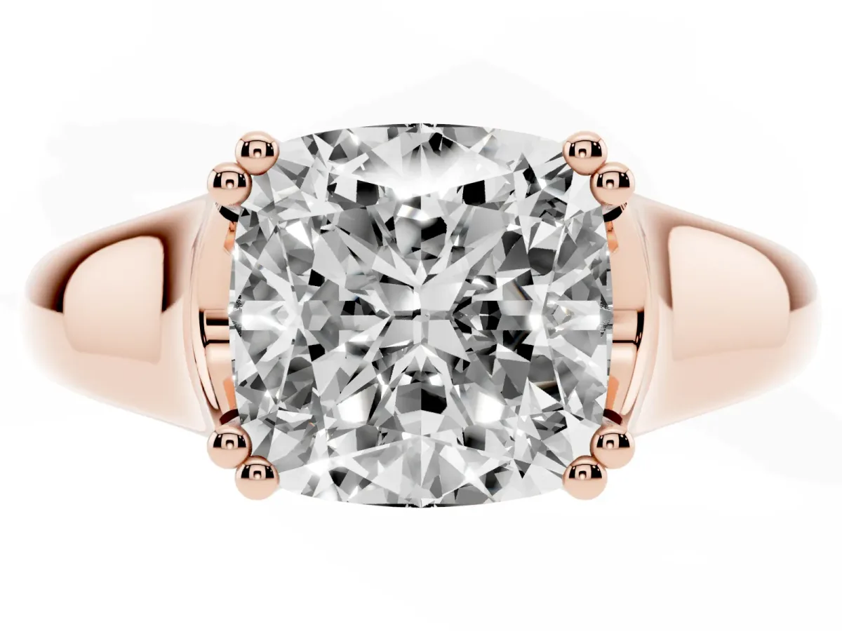 Cushion Cut Diamond Solitaire Ring with Wide Band and Prong Setting Rose gold