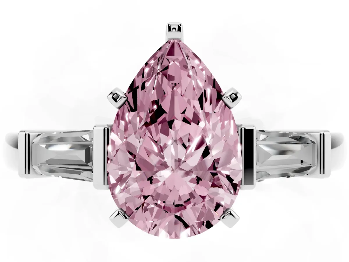 Fancy Pink Pear Cut Cut Diamond Solitaire Ring with Tapered Baguette Accents and Four-Prong Setting Platinum