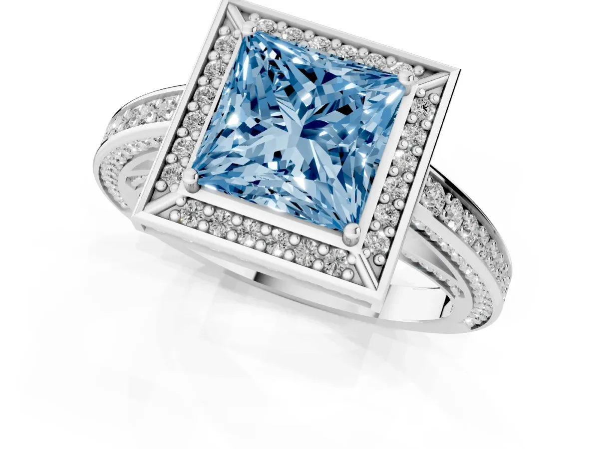 Fancy Blue Princess Cut Cut Halo Pave Split Shank Prong Setting Ring Silver