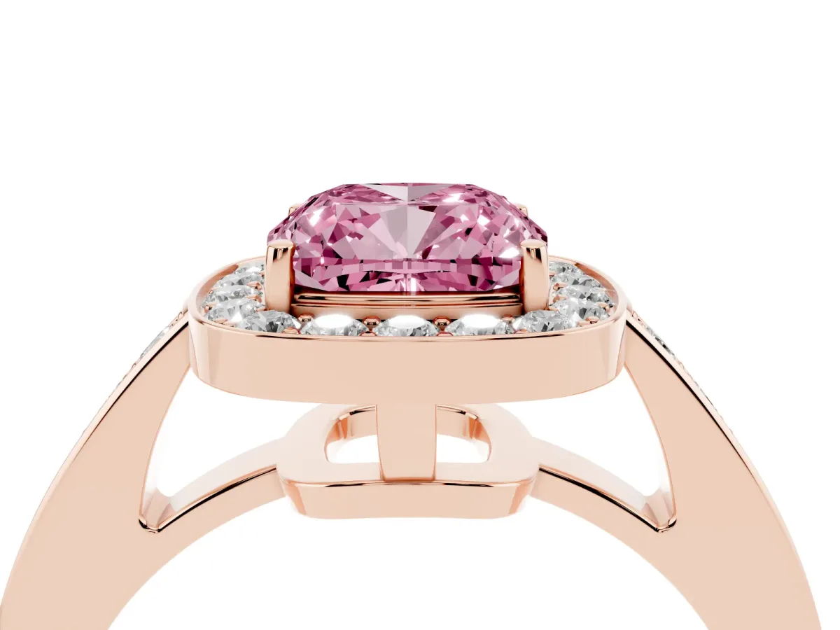 Fancy Pink Cushion Cut Halo Pavé Diamond Engagement Ring with Bezel Setting Rose gold