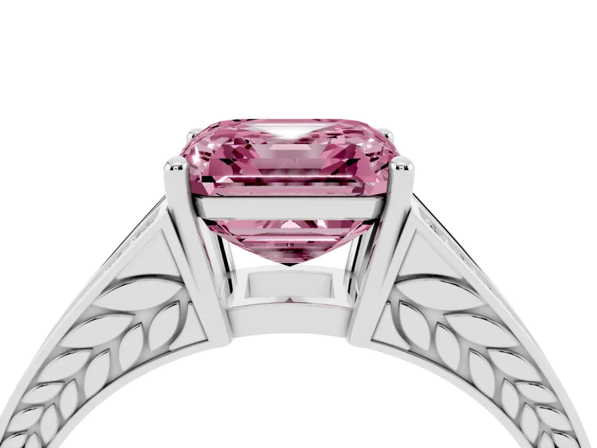 Fancy Pink Asscher Cut Diamond Split Shank Ring with Pavé Band and Four-Prong Setting White gold
