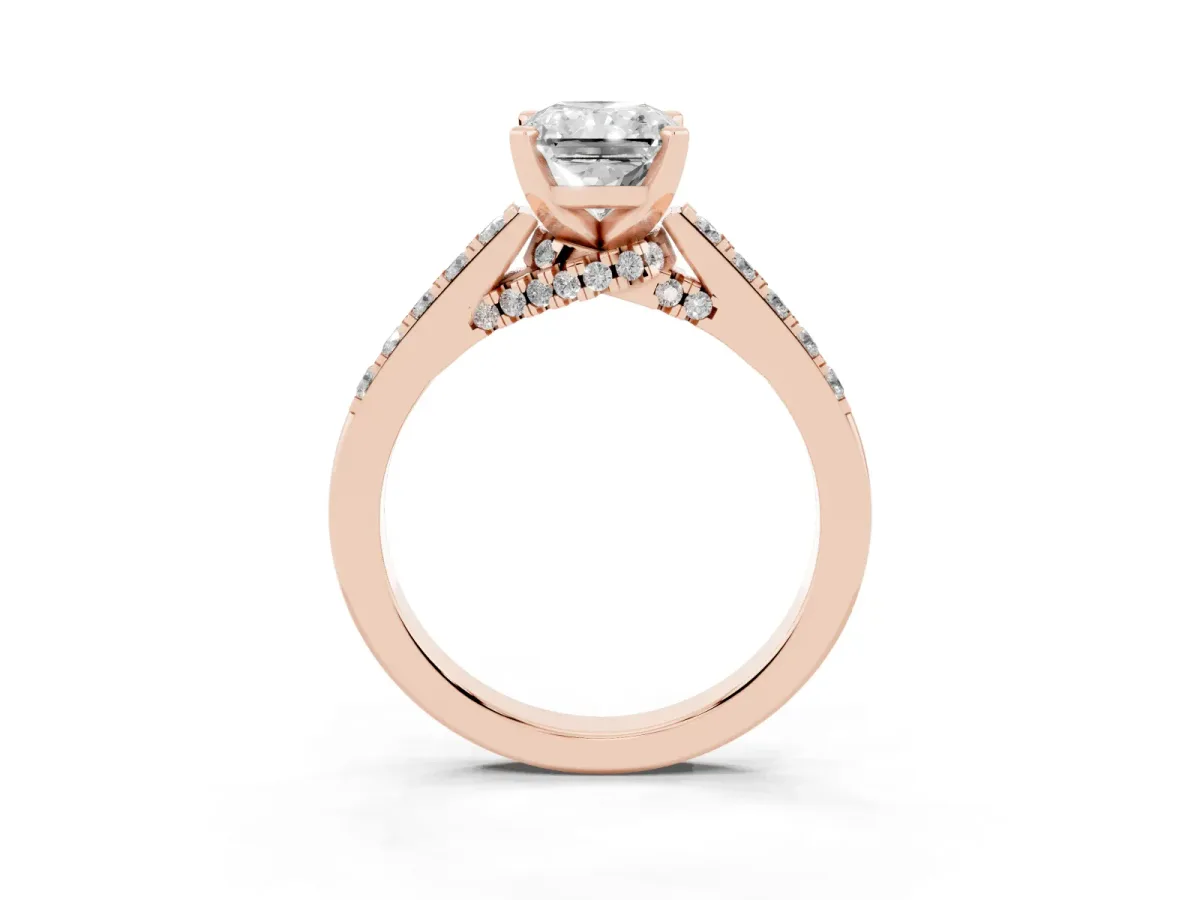 Radiant Cut Diamond Solitaire Ring with Crossover Gallery and Round Pavé Band Rose gold