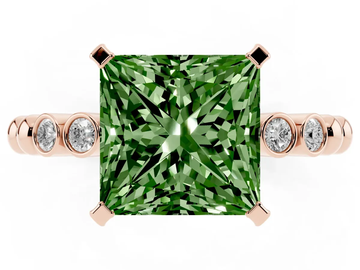 Fancy Green Princess Cut Solitaire Bezel Accent Diamond Engagement Ring with Beaded Band and Four-Prong Setting Rose gold