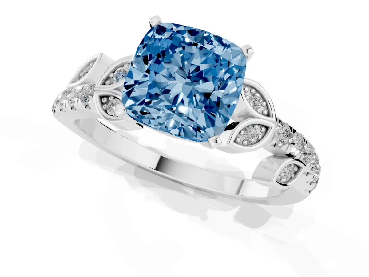 Fancy Blue Cushion Cut Solitaire Leaf-Inspired Diamond Ring with Pavé Band and Four-Prong Setting Silver