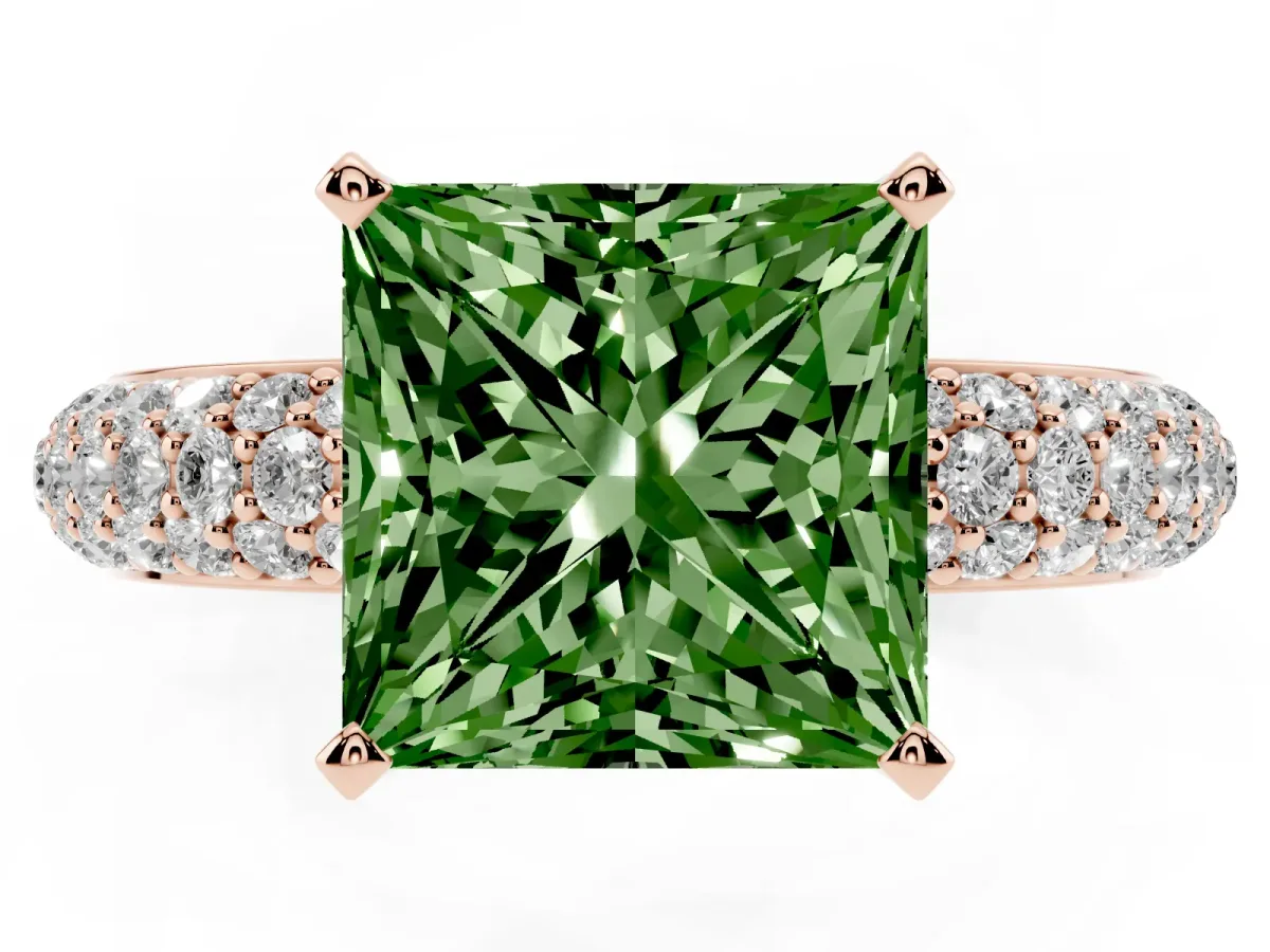 Fancy Green Princess Cut Diamond Solitaire Ring with Prong Setting and Pavé Band Rose gold
