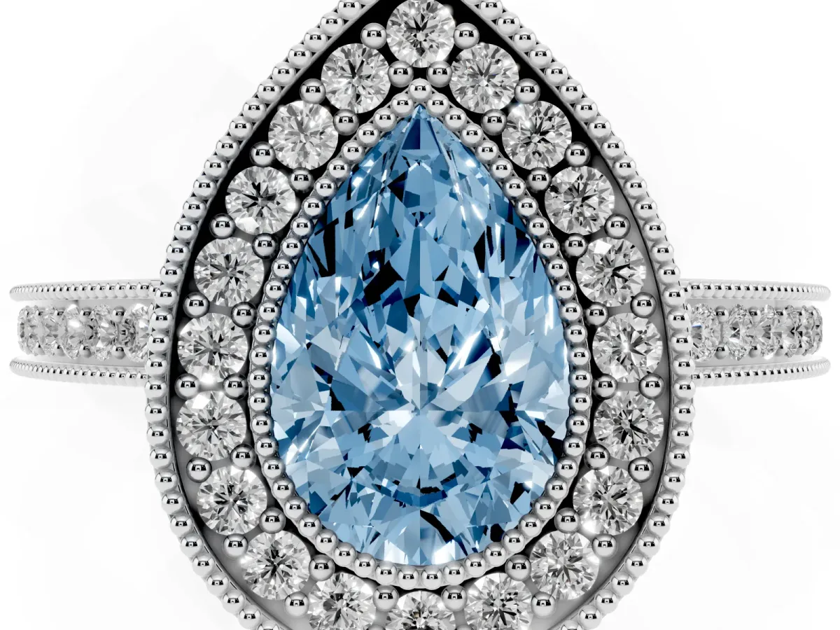 Fancy Blue Pear Cut Cut Halo Diamond Ring with Pavé Band and Milgrain Prong Setting Silver