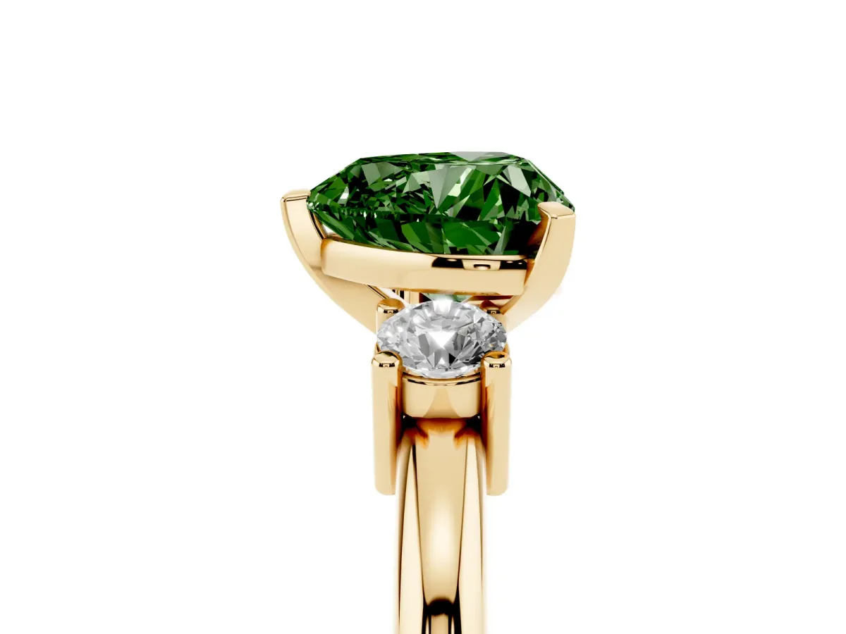 Fancy Green Three-Stone Heart Cut Cut Diamond Solitaire with Prong Setting and Classic Band Yellow gold